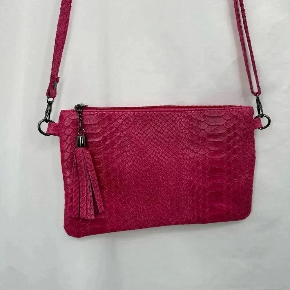 Borse In Pelle Crossbody Bag Womens Small Pink Snakeskin Embossed Leather Italy